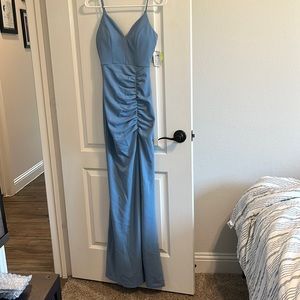 Blue Satin Long Dress with Cut by Windsor